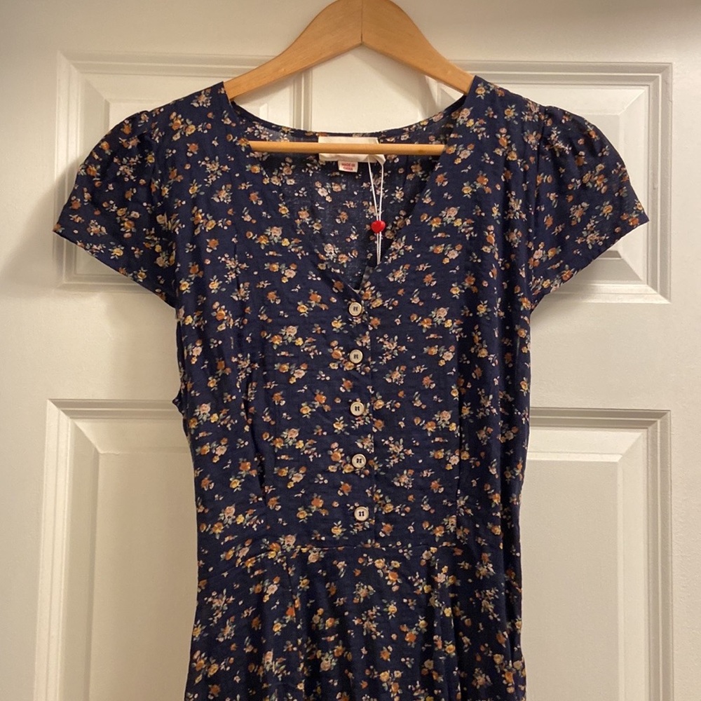 Navy blue floral print shirt sleeved dress